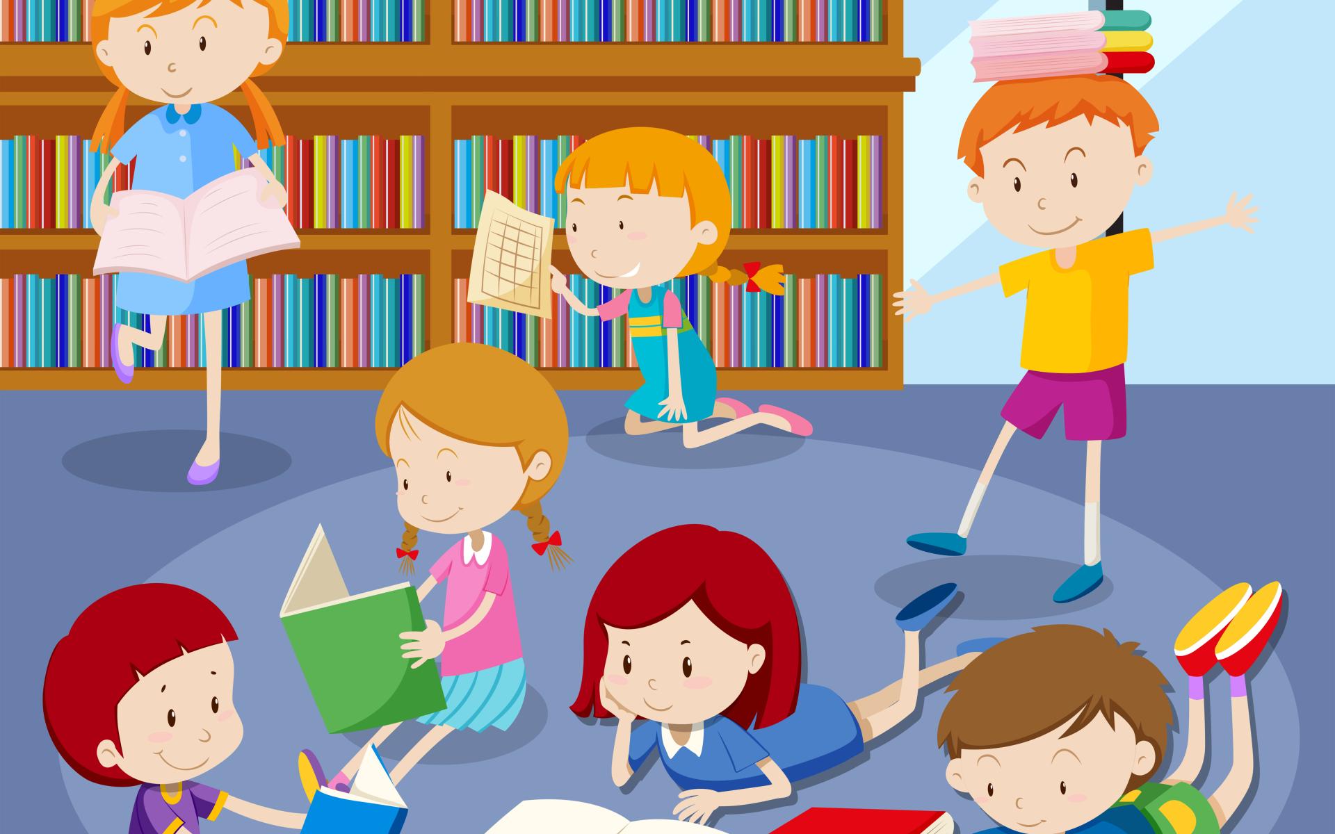 Illustration Kindergartenkinder lesen in der Bücherei
