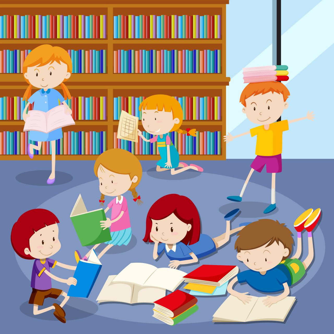 Illustration Kindergartenkinder lesen in der Bücherei